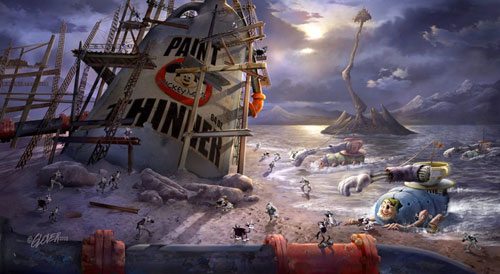 Epic Mickey Concept Art, a disturbing scene of classic Disney characters mixed with robotic additions