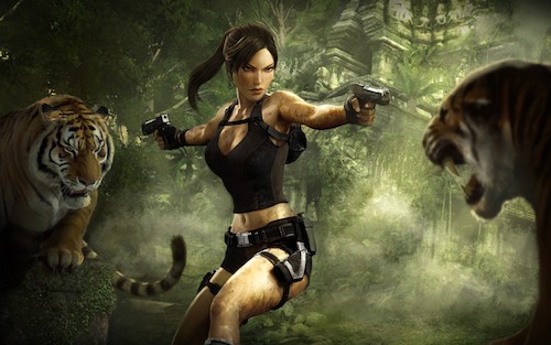 Lara Croft holding guns to Tigers